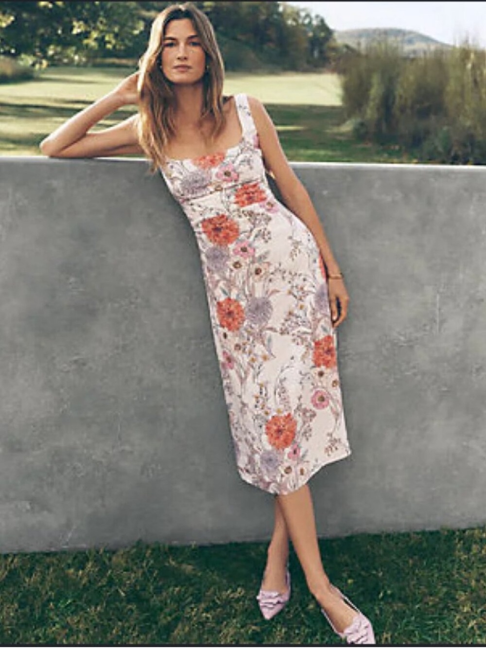 Ann Taylor Floral Square Neck Flare Linen Dress Size 10P, Garden Party